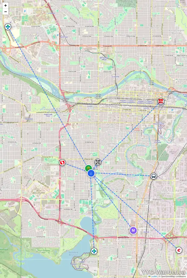 Daily accessibility map for 4011 15A ST SW, Calgary showing nearby schools, grocery stores, parks, LRT stations and nearby amenities