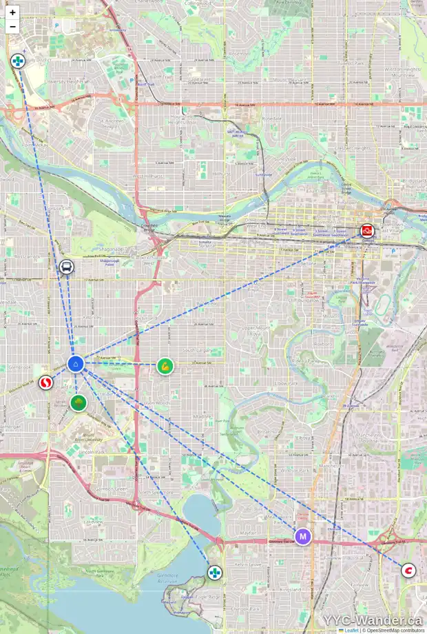 Daily accessibility map for 3431 32 ST SW, Calgary showing nearby schools, grocery stores, parks, LRT stations and nearby amenities