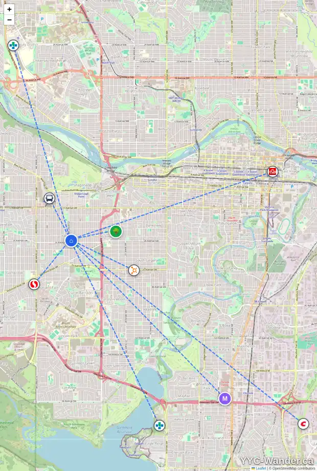 Daily accessibility map for 2626 29 ST SW, Calgary showing nearby schools, grocery stores, parks, LRT stations and nearby amenities