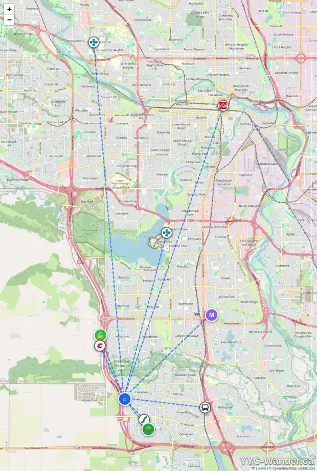 Daily accessibility map for 98 EVERGLEN CR SW, Calgary showing nearby schools, grocery stores, parks, LRT stations and nearby amenities