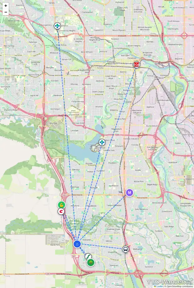 Daily accessibility map for 69 EVERGLEN CR SW, Calgary showing nearby schools, grocery stores, parks, LRT stations and nearby amenities