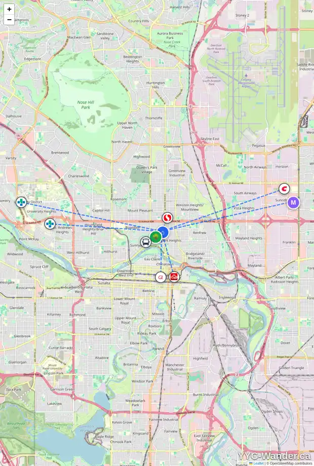 Daily accessibility map for 2 135 12 AV NW, Calgary showing nearby schools, grocery stores, parks, LRT stations and nearby amenities