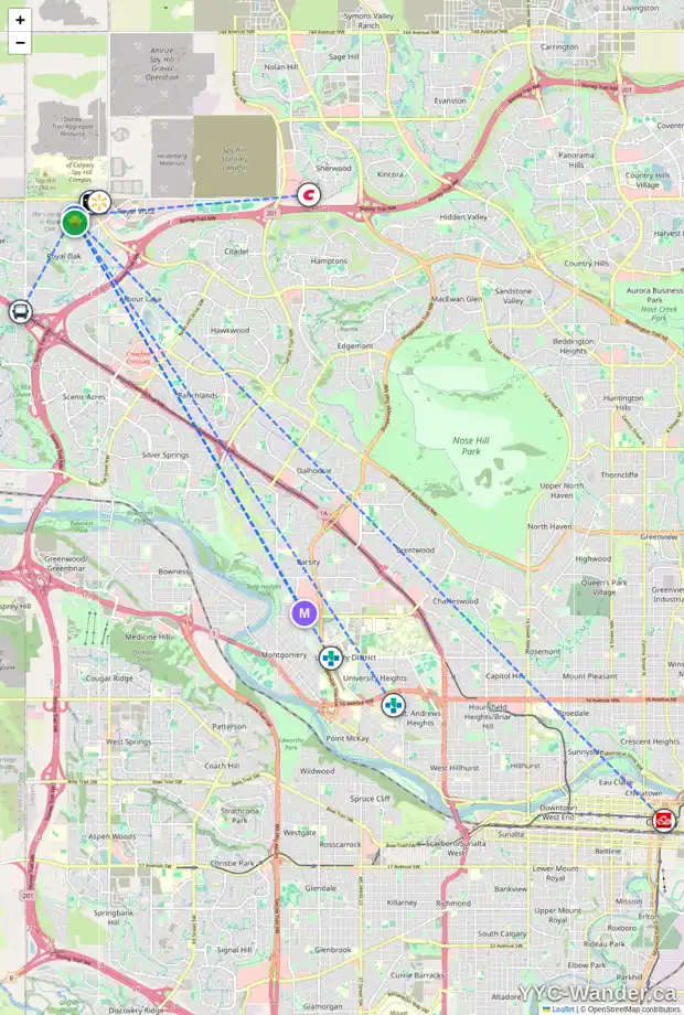 Daily accessibility map for 11 ROYAL OAK PA NW, Calgary showing nearby schools, grocery stores, parks, LRT stations and nearby amenities