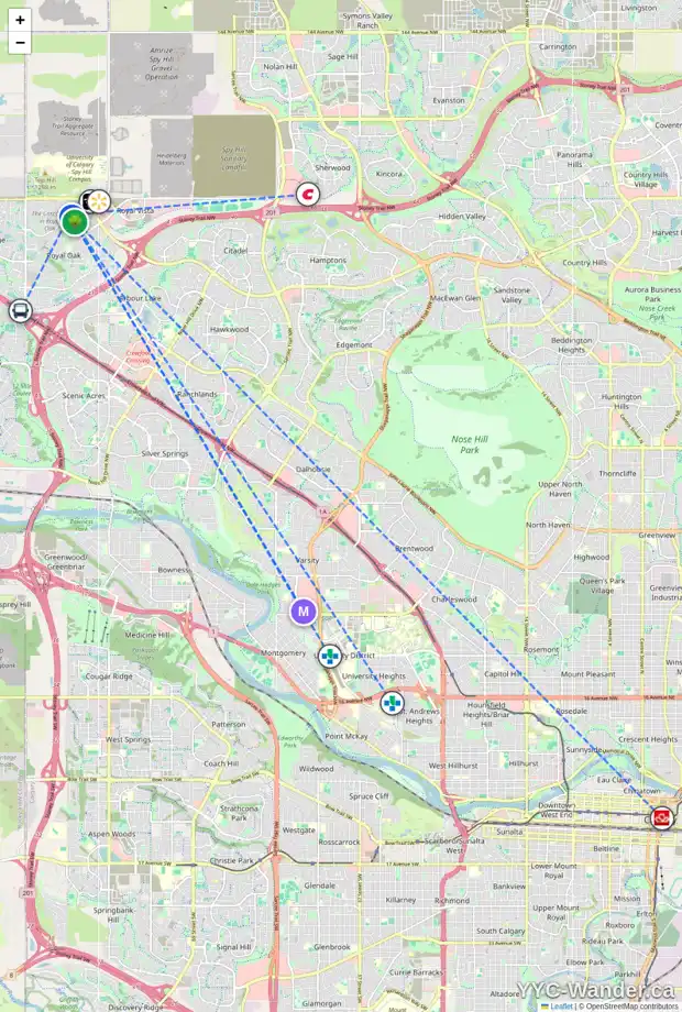 Daily accessibility map for 60 ROYAL OAK CA NW, Calgary showing nearby schools, grocery stores, parks, LRT stations and nearby amenities