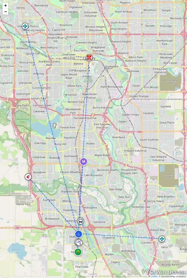 Daily accessibility map for 150 SILVERADO PONDS WY SW, Calgary showing nearby schools, grocery stores, parks, LRT stations and nearby amenities