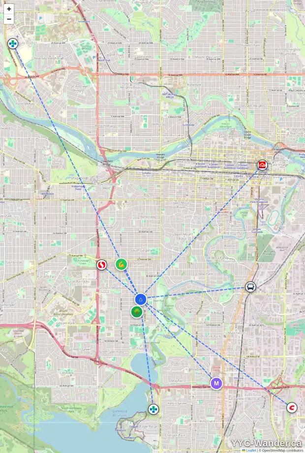 Daily accessibility map for 4407 16A ST SW, Calgary showing nearby schools, grocery stores, parks, LRT stations and nearby amenities