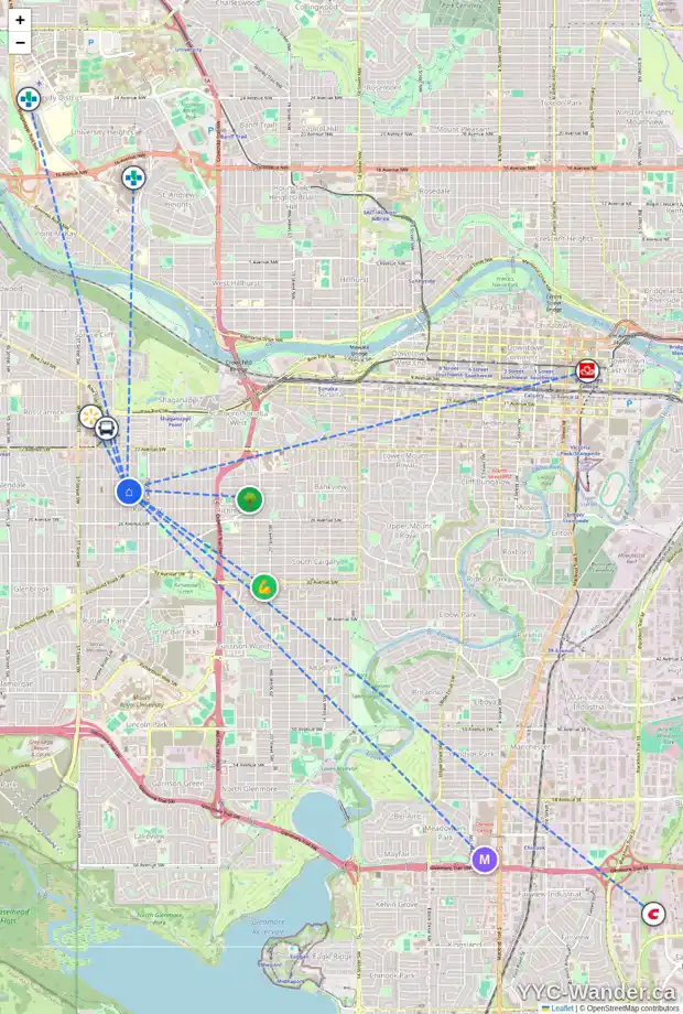 Daily accessibility map for 2229 31 ST SW, Calgary showing nearby schools, grocery stores, parks, LRT stations and nearby amenities