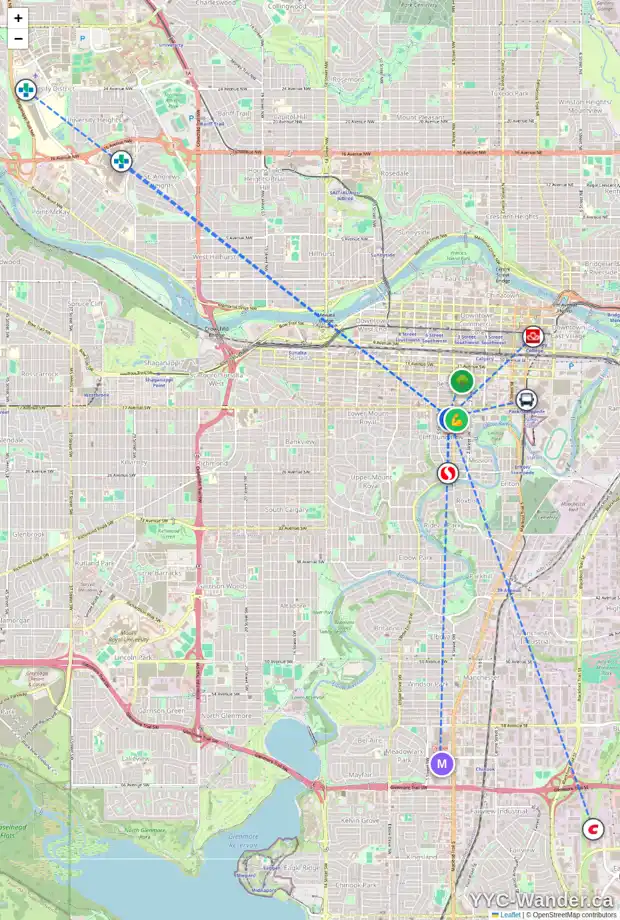 Daily accessibility map for 513 18 AV SW, Calgary showing nearby schools, grocery stores, parks, LRT stations and nearby amenities