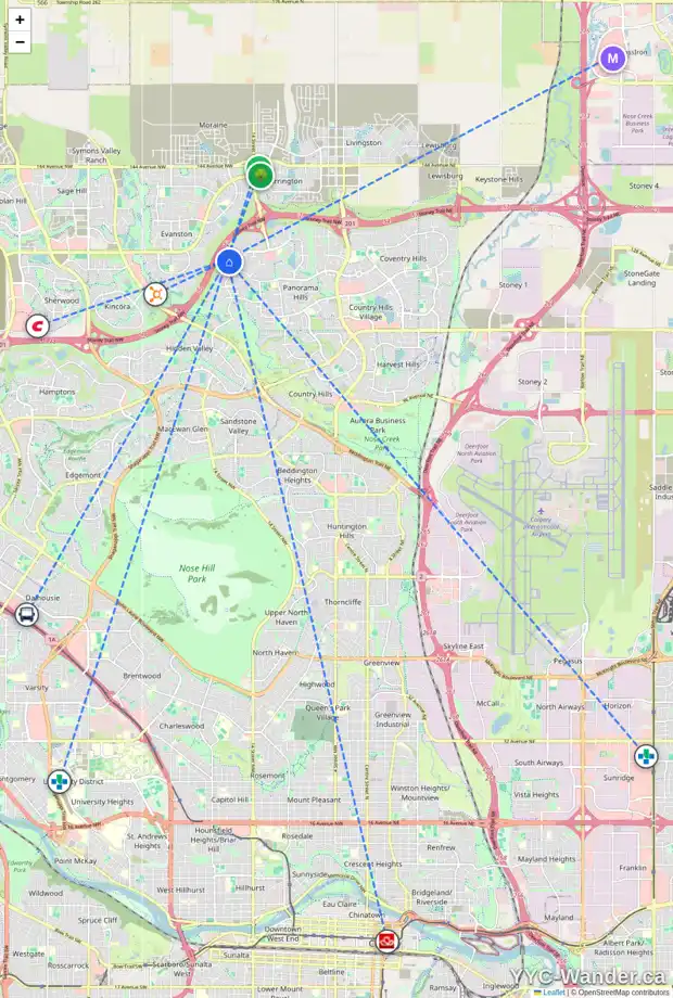 Daily accessibility map for 201 PANTEGO RD NW, Calgary showing nearby schools, grocery stores, parks, LRT stations and nearby amenities