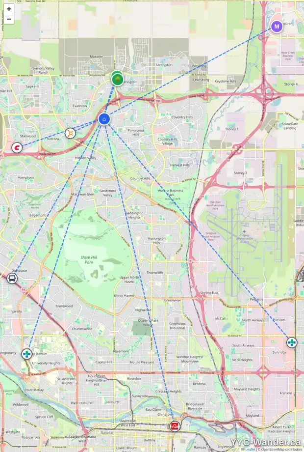 Daily accessibility map for 209 PANTEGO RD NW, Calgary showing nearby schools, grocery stores, parks, LRT stations and nearby amenities