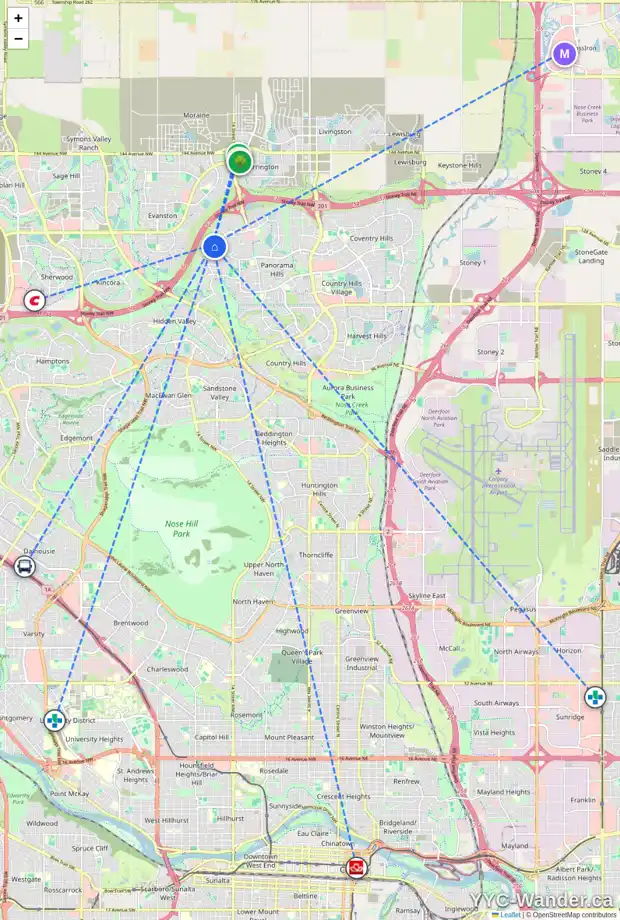Daily accessibility map for 253 PANTEGO RD NW, Calgary showing nearby schools, grocery stores, parks, LRT stations and nearby amenities