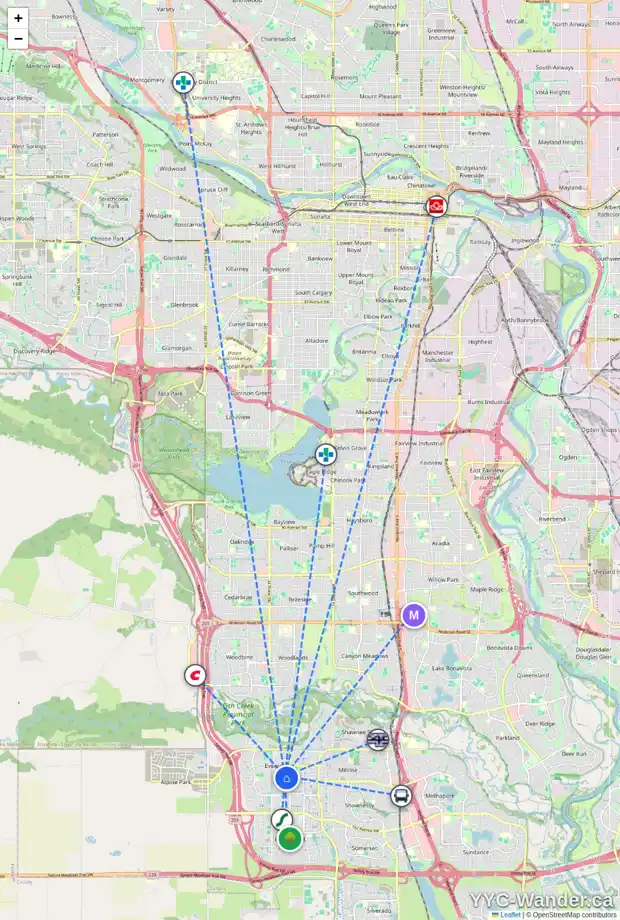 Daily accessibility map for 36 EVEROAK CL SW, Calgary showing nearby schools, grocery stores, parks, LRT stations and nearby amenities