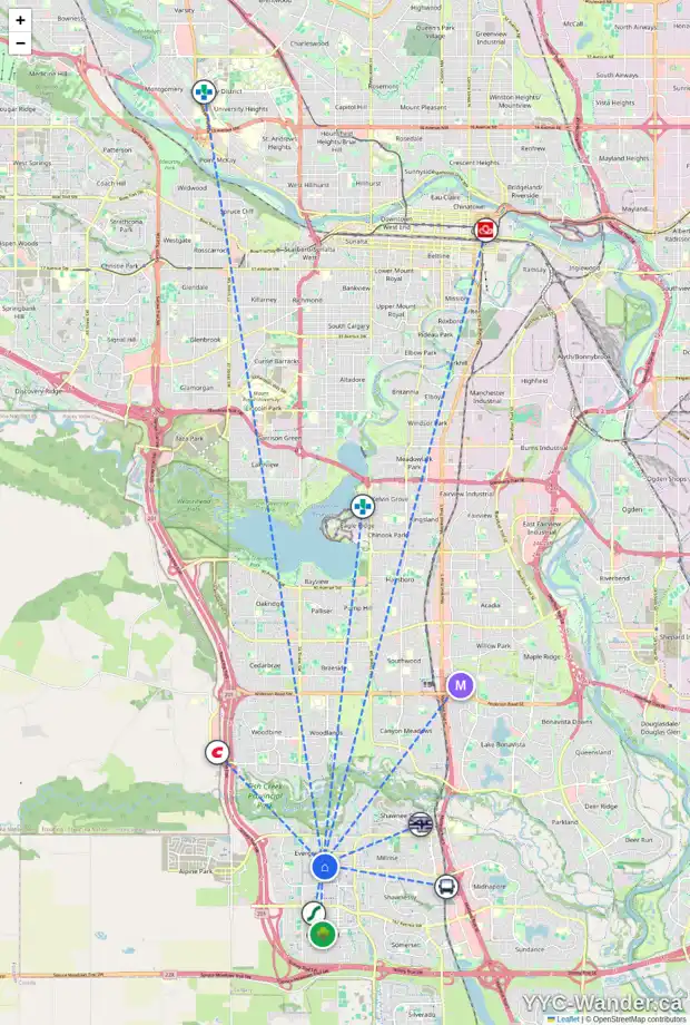 Daily accessibility map for 80 EVEROAK CL SW, Calgary showing nearby schools, grocery stores, parks, LRT stations and nearby amenities