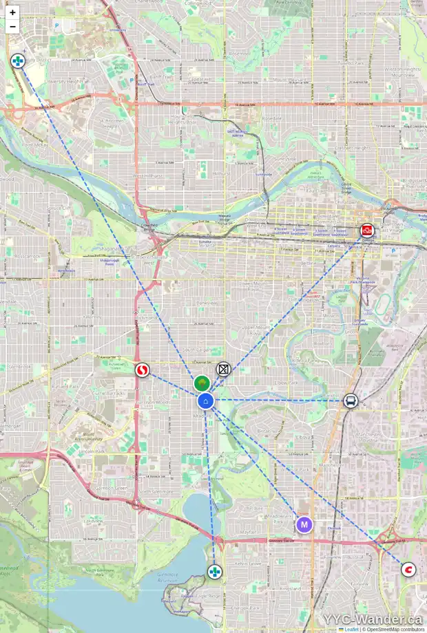 Daily accessibility map for 4108 16 ST SW, Calgary showing nearby schools, grocery stores, parks, LRT stations and nearby amenities