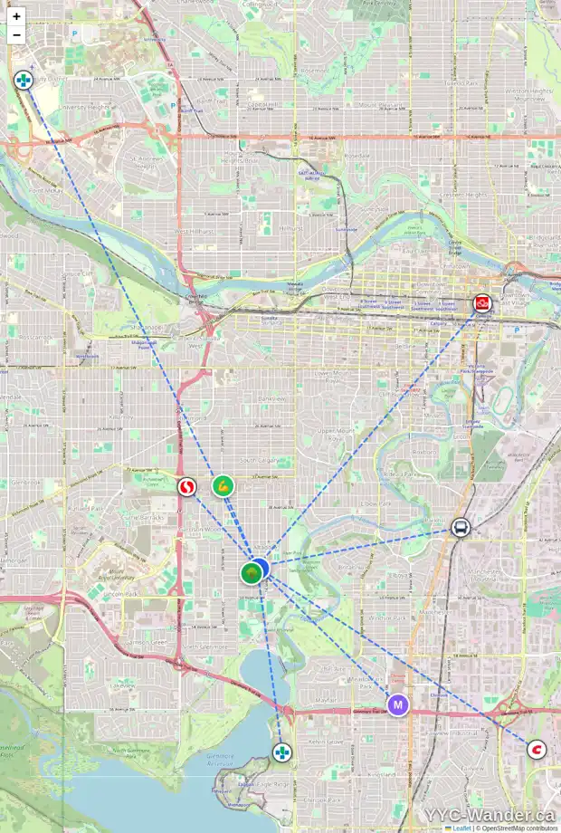 Daily accessibility map for 4623 16A ST SW, Calgary showing nearby schools, grocery stores, parks, LRT stations and nearby amenities