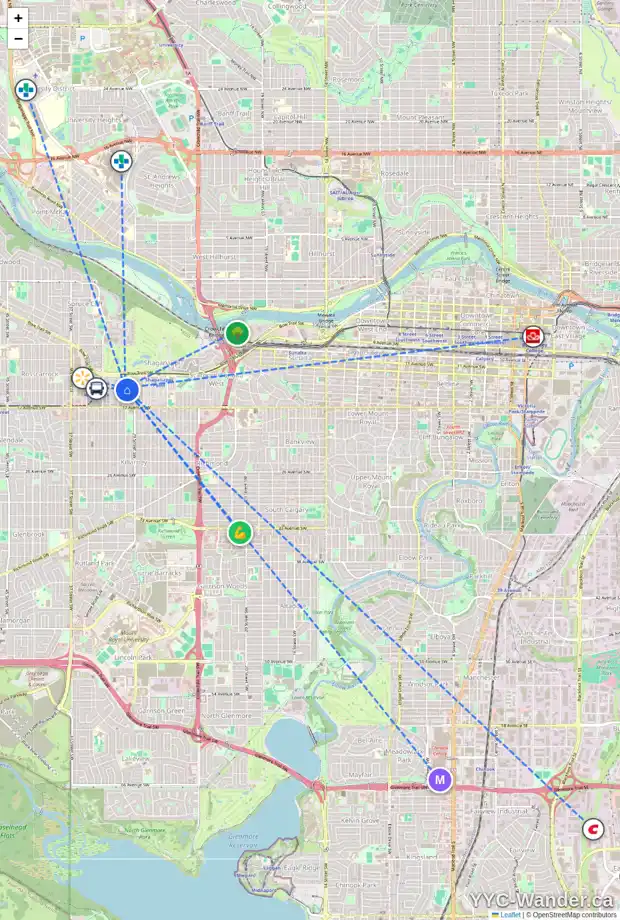 Daily accessibility map for 3104 14 AV SW, Calgary showing nearby schools, grocery stores, parks, LRT stations and nearby amenities