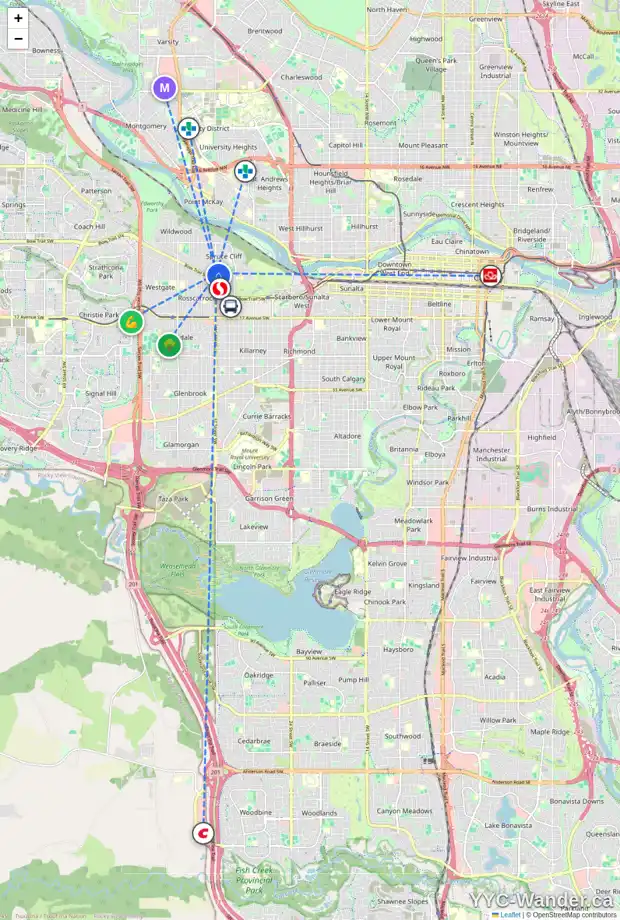Daily accessibility map for 636 37 ST SW, Calgary showing nearby schools, grocery stores, parks, LRT stations and nearby amenities