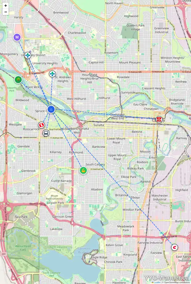 Daily accessibility map for 204 324 CEDAR CR SW, Calgary showing nearby schools, grocery stores, parks, LRT stations and nearby amenities