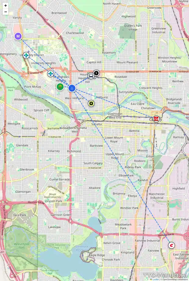 Daily accessibility map for 2415 9 AV NW, Calgary showing nearby schools, grocery stores, parks, LRT stations and nearby amenities