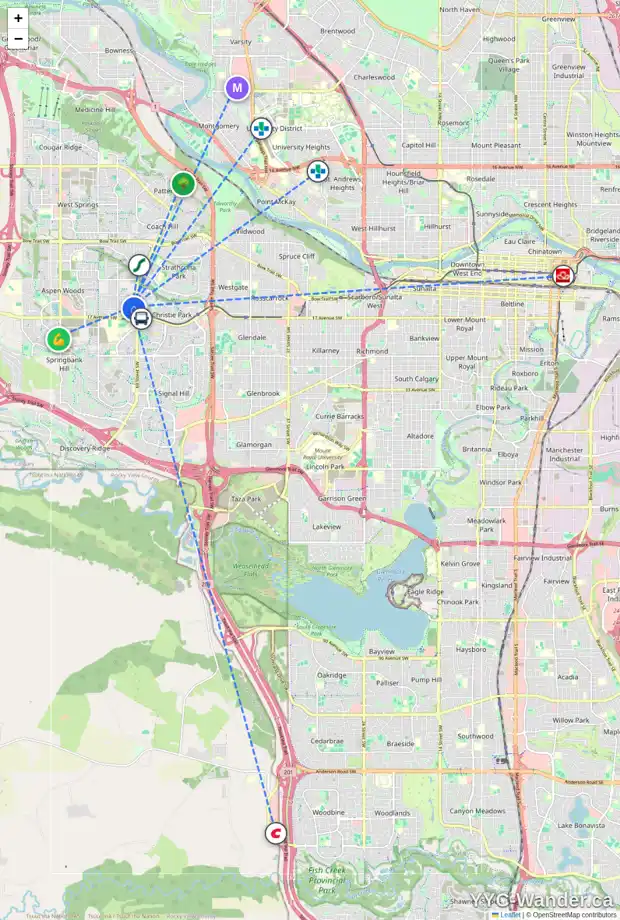 Daily accessibility map for 19 ASPEN MEADOWS MR SW, Calgary showing nearby schools, grocery stores, parks, LRT stations and nearby amenities