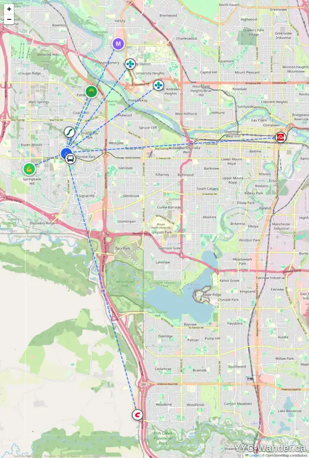Daily accessibility map for 23 ASPEN MEADOWS MR SW, Calgary showing nearby schools, grocery stores, parks, LRT stations and nearby amenities