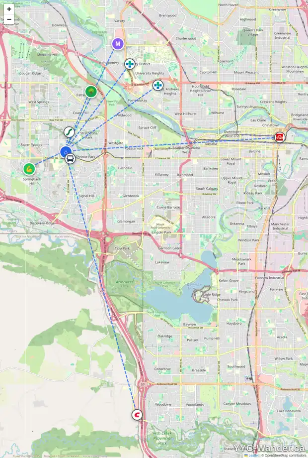 Daily accessibility map for 28 ASPEN MEADOWS MR SW, Calgary showing nearby schools, grocery stores, parks, LRT stations and nearby amenities