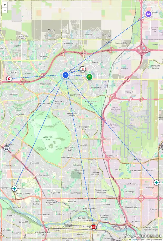 Daily accessibility map for 152 PANAMOUNT CI NW, Calgary showing nearby schools, grocery stores, parks, LRT stations and nearby amenities