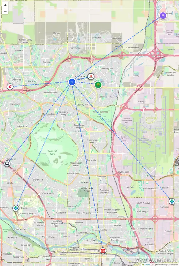 Daily accessibility map for 124 PANAMOUNT CI NW, Calgary showing nearby schools, grocery stores, parks, LRT stations and nearby amenities