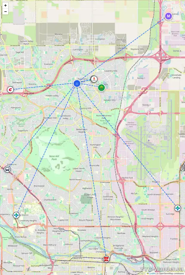 Daily accessibility map for 40 PANAMOUNT CI NW, Calgary showing nearby schools, grocery stores, parks, LRT stations and nearby amenities