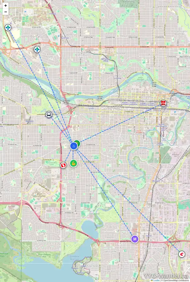 Daily accessibility map for 6 2121 26 AV SW, Calgary showing nearby schools, grocery stores, parks, LRT stations and nearby amenities