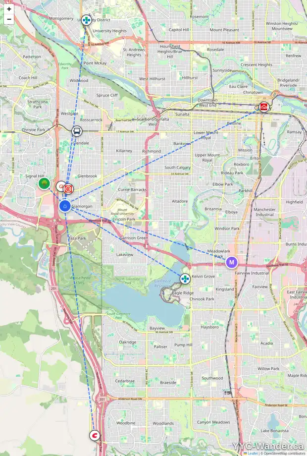 Daily accessibility map for 209 25 GLAMIS GR SW, Calgary showing nearby schools, grocery stores, parks, LRT stations and nearby amenities