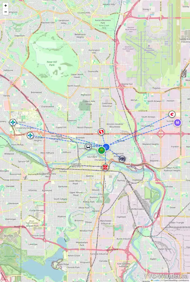 Daily accessibility map for 312 7 AV NE, Calgary showing nearby schools, grocery stores, parks, LRT stations and nearby amenities