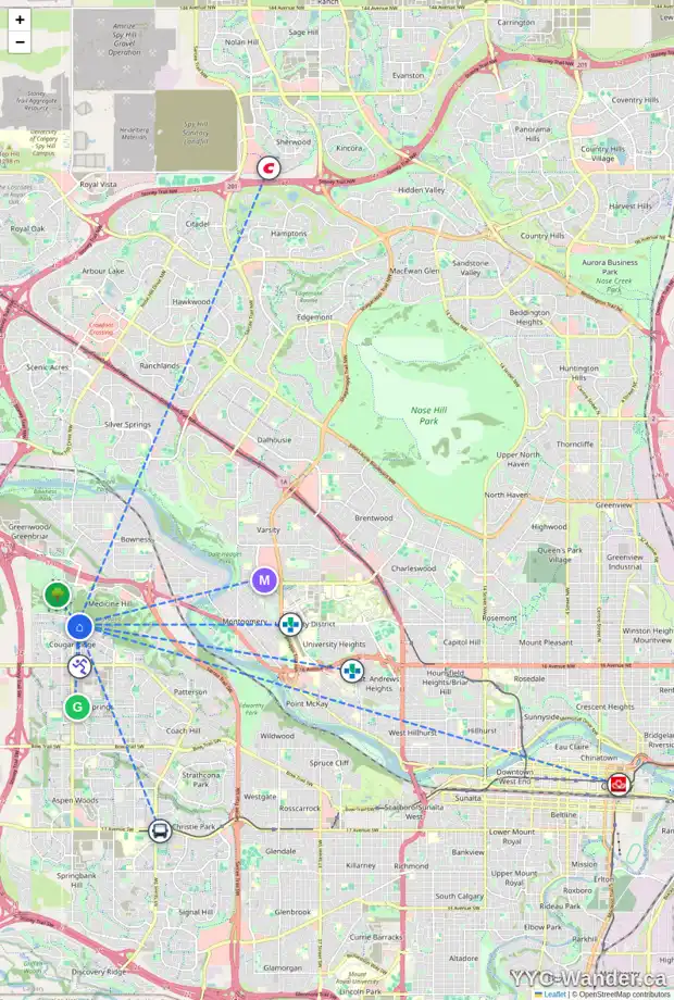 Daily accessibility map for 104 COUGARTOWN CL SW, Calgary showing nearby schools, grocery stores, parks, LRT stations and nearby amenities