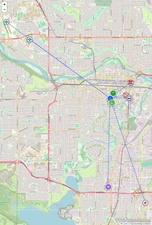 Daily accessibility map for 2 517 15 AV SW, Calgary showing nearby schools, grocery stores, parks, LRT stations and nearby amenities