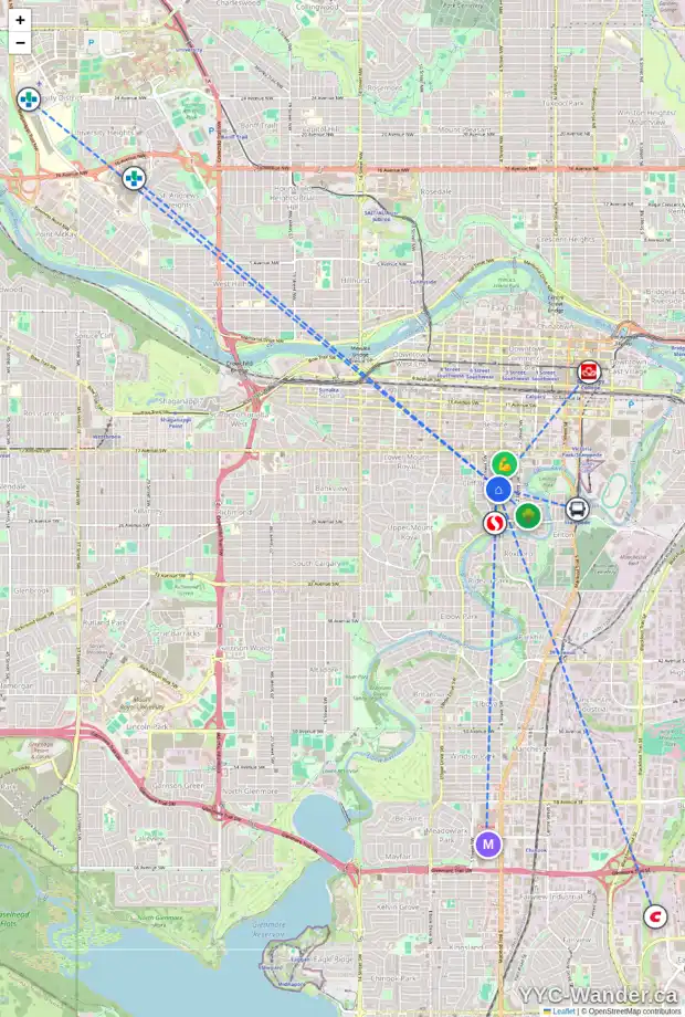 Daily accessibility map for 405 509 21 AV SW, Calgary showing nearby schools, grocery stores, parks, LRT stations and nearby amenities