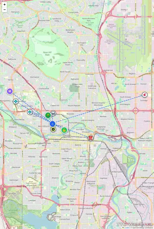 Daily accessibility map for 529 18A ST NW, Calgary showing nearby schools, grocery stores, parks, LRT stations and nearby amenities