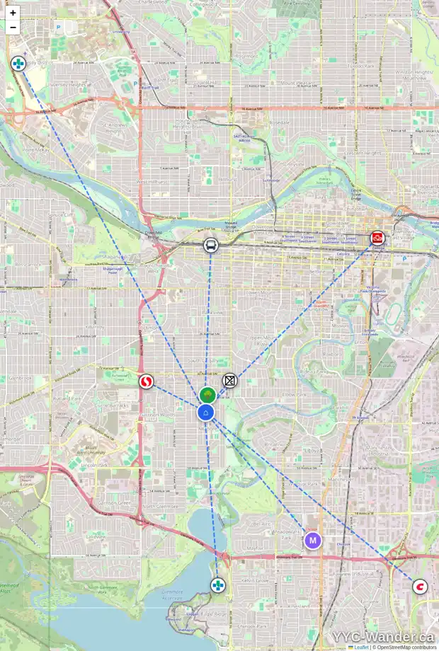 Daily accessibility map for 4104 16A ST SW, Calgary showing nearby schools, grocery stores, parks, LRT stations and nearby amenities