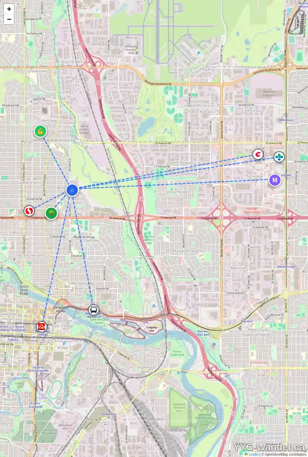 Daily accessibility map for 2304 6 ST NE, Calgary showing nearby schools, grocery stores, parks, LRT stations and nearby amenities