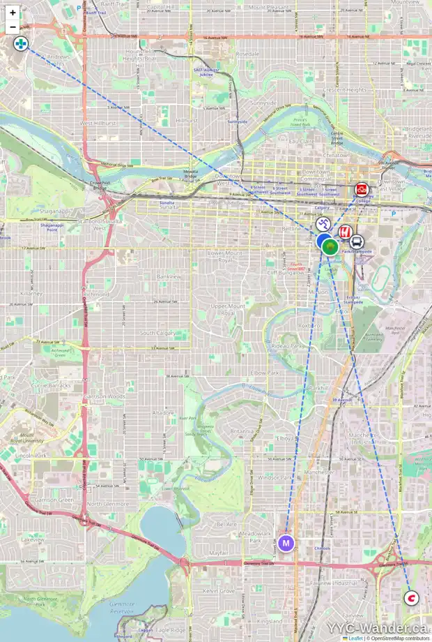 Daily accessibility map for 1510 188 15 AV SW, Calgary showing nearby schools, grocery stores, parks, LRT stations and nearby amenities