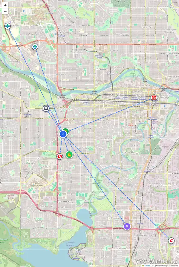 Daily accessibility map for 2303B OSBORNE CR SW, Calgary showing nearby schools, grocery stores, parks, LRT stations and nearby amenities