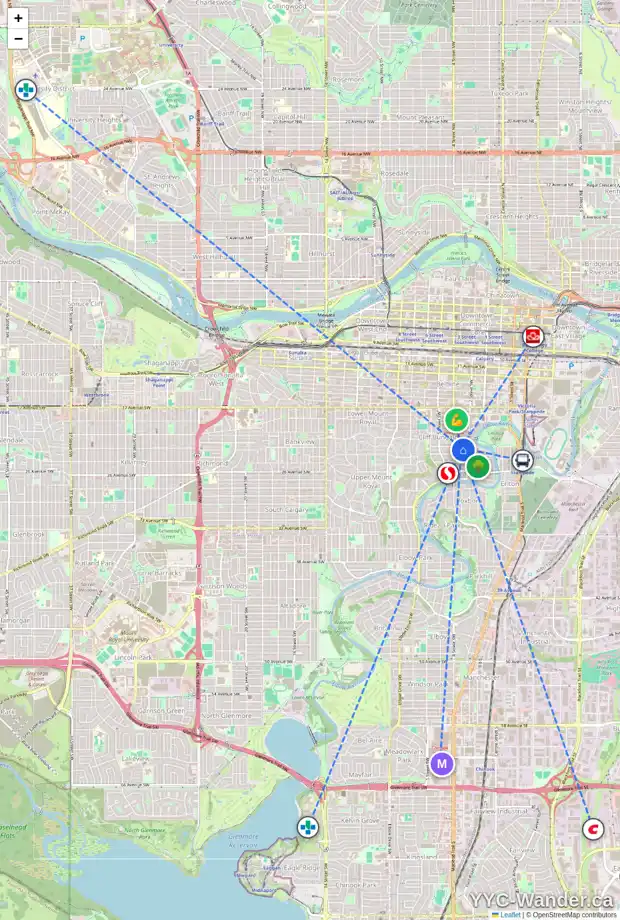 Daily accessibility map for 7 321 22 AV SW, Calgary showing nearby schools, grocery stores, parks, LRT stations and nearby amenities