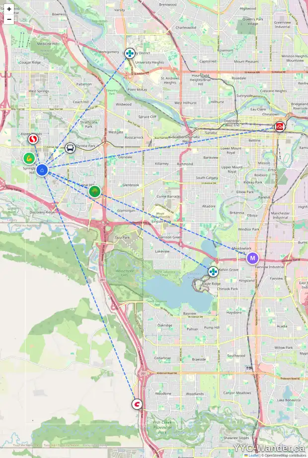 Daily accessibility map for 39 SPRING VALLEY HT SW, Calgary showing nearby schools, grocery stores, parks, LRT stations and nearby amenities