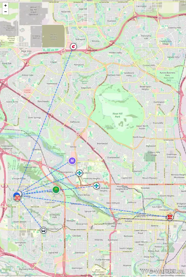 Daily accessibility map for 8810 9 AV SW, Calgary showing nearby schools, grocery stores, parks, LRT stations and nearby amenities