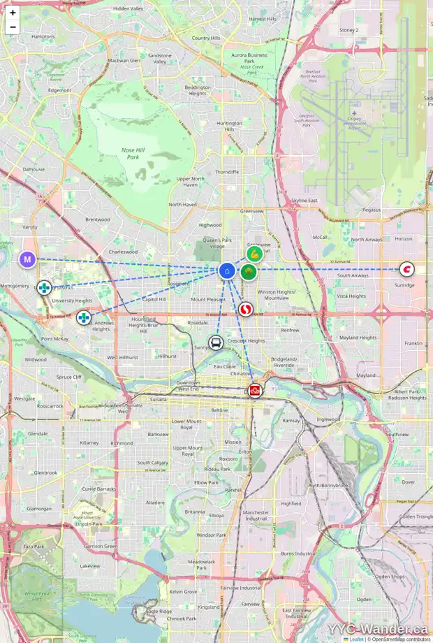 Daily accessibility map for 439 30 AV NW, Calgary showing nearby schools, grocery stores, parks, LRT stations and nearby amenities