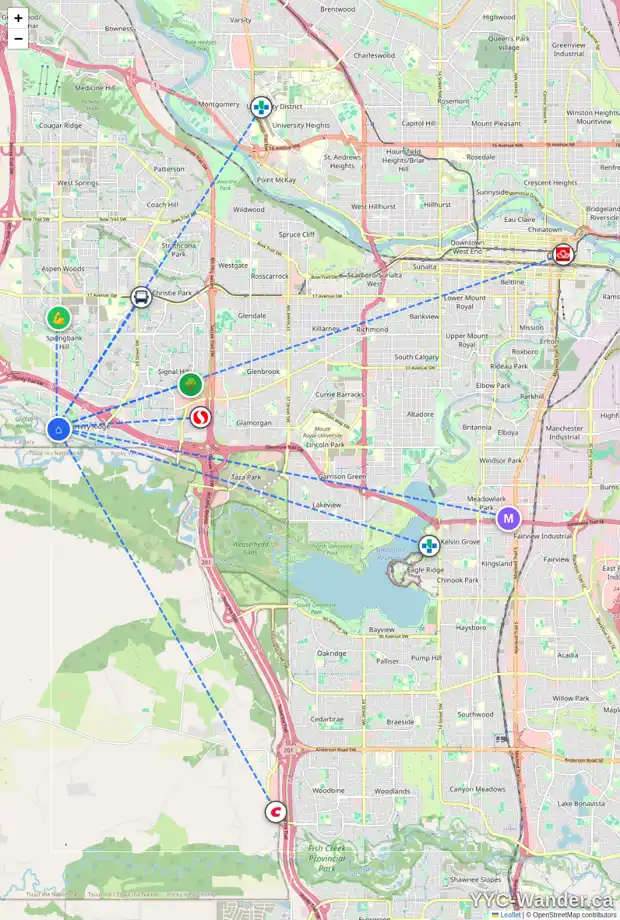 Daily accessibility map for 206 20 DISCOVERY RIDGE CL SW, Calgary showing nearby schools, grocery stores, parks, LRT stations and nearby amenities