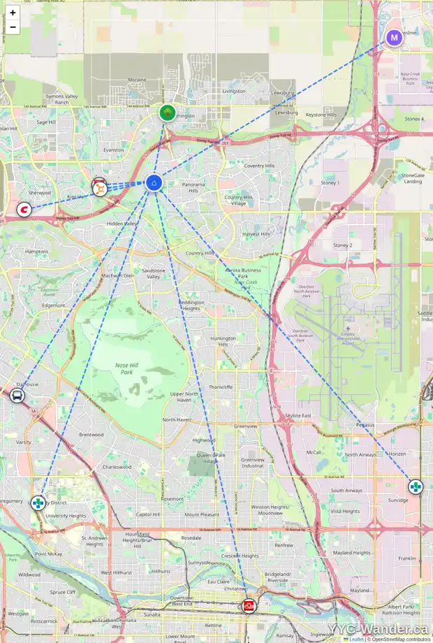 Daily accessibility map for 48 PANTEGO HT NW, Calgary showing nearby schools, grocery stores, parks, LRT stations and nearby amenities