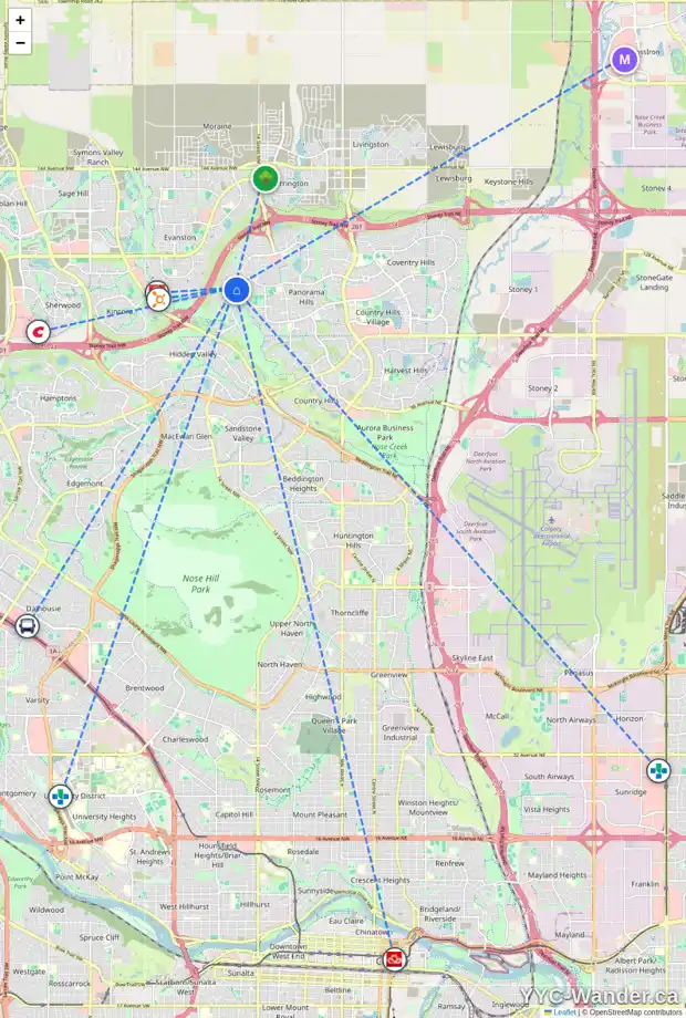 Daily accessibility map for 21 PANTEGO LI NW, Calgary showing nearby schools, grocery stores, parks, LRT stations and nearby amenities