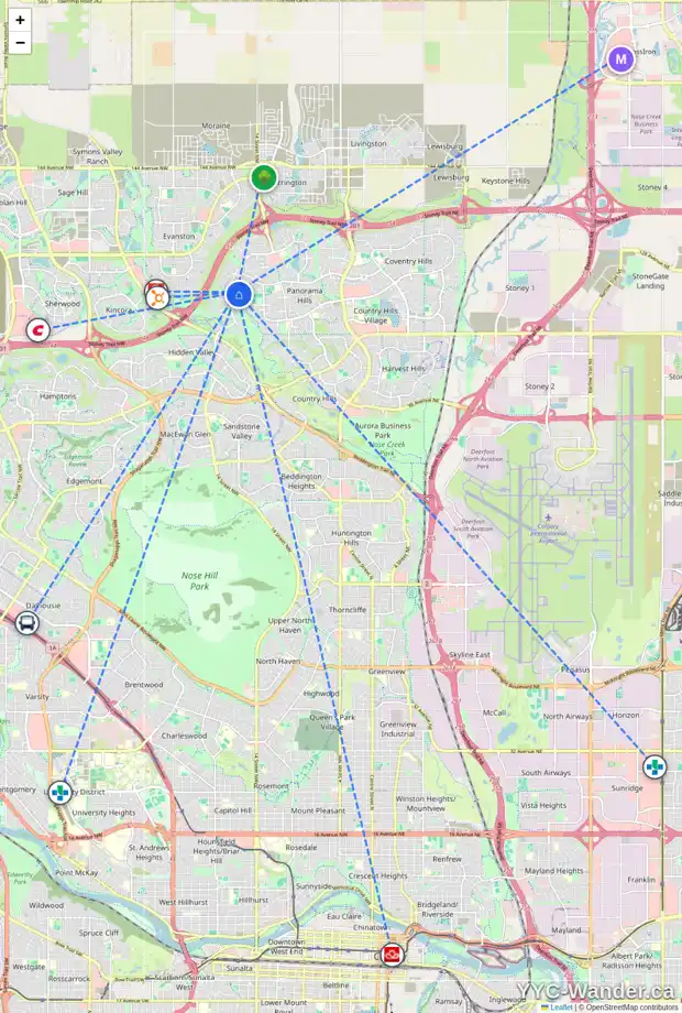 Daily accessibility map for 47 PANTEGO WY NW, Calgary showing nearby schools, grocery stores, parks, LRT stations and nearby amenities