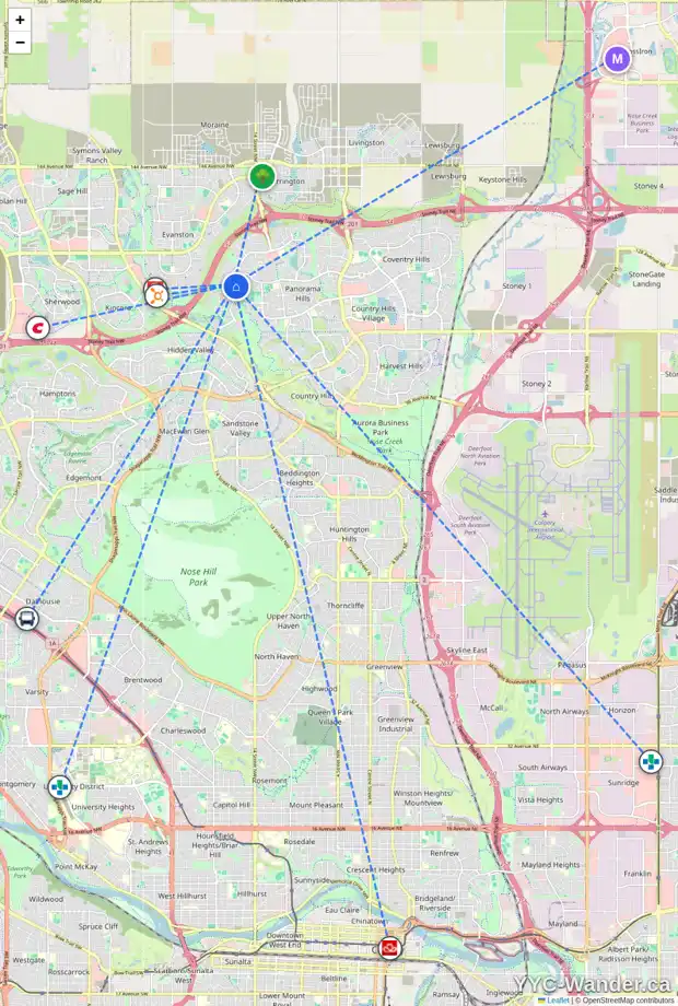 Daily accessibility map for 22 PANTEGO LI NW, Calgary showing nearby schools, grocery stores, parks, LRT stations and nearby amenities