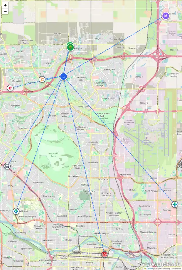 Daily accessibility map for 42 PANTEGO LI NW, Calgary showing nearby schools, grocery stores, parks, LRT stations and nearby amenities